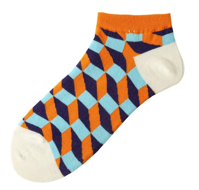 SF1033 Orange Blue White Squares Low Cut Socks