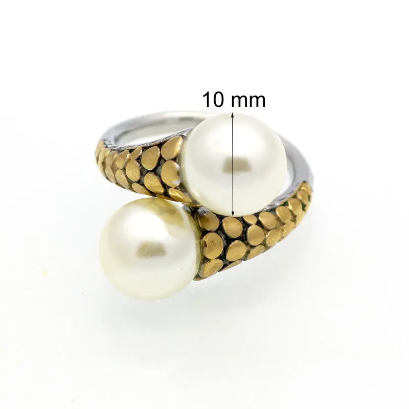 Spring New Arrival Hot High Quality Stainless Steel Vintage Fashion Double Pearl Ring Gold Plated For Women Party Jewelry