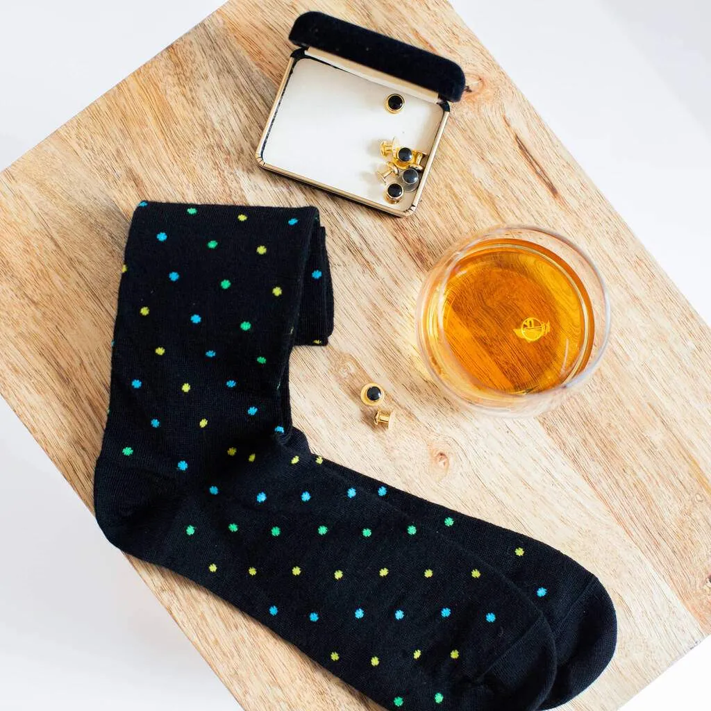 Tri-Color Dots on Black Merino Wool Mid-Calf Dress Socks