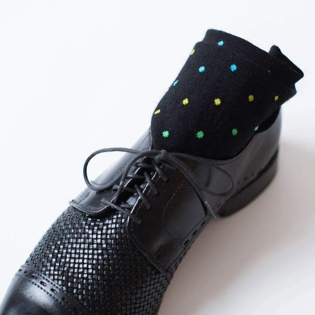 Tri-Color Dots on Black Merino Wool Mid-Calf Dress Socks