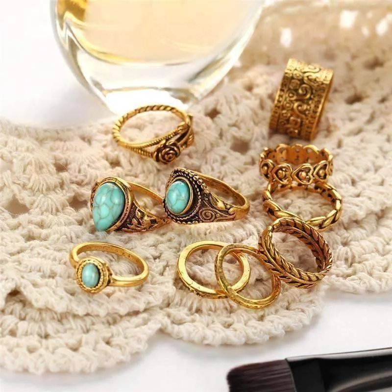Turquoise Trendy Boho Midi-Knuckle Rings Set of 10 - Silver or Gold