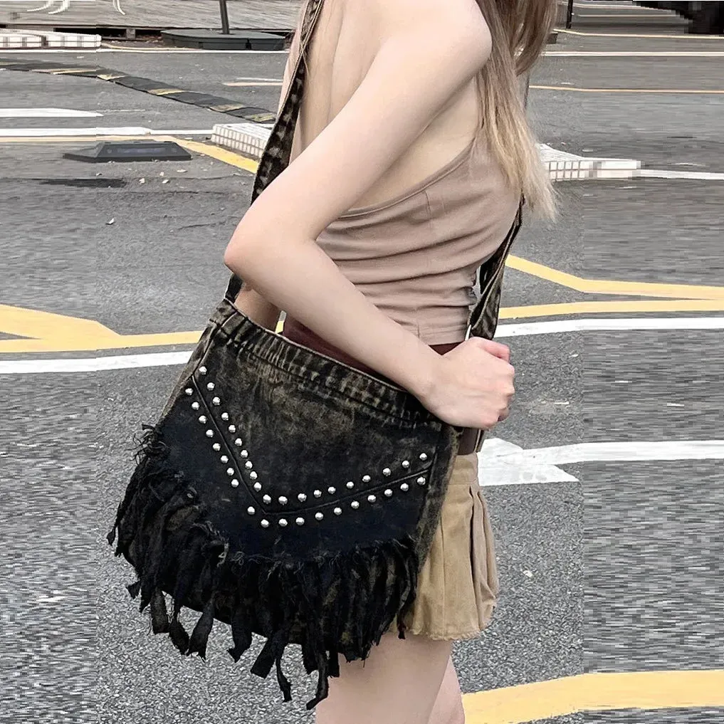 UAKISS  -  Denim Y2k Rivets Womens Shoulder Bag Fashion Tassels female Messenger Crossbody Bag Large Capacity ladies Handbag Sac totes
