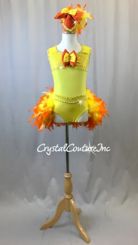 Yellow Lycra & Sheer Leotard with Orange/Yellow Feather Bustle - Swarovski Rhinestones