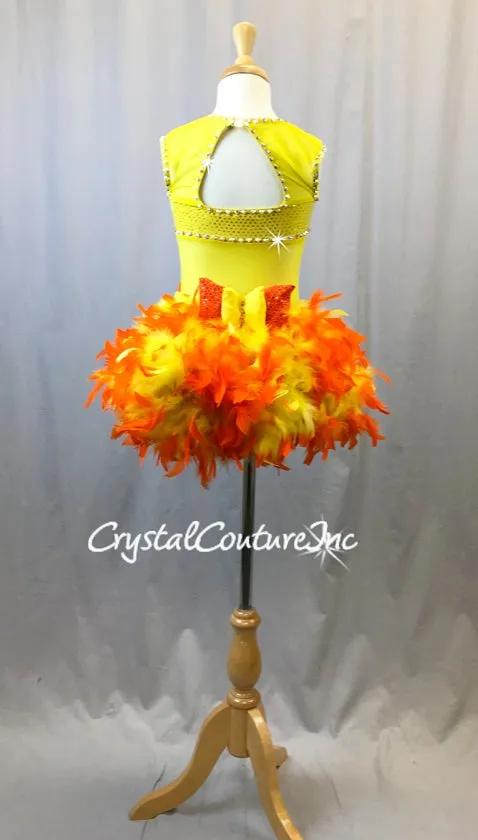 Yellow Lycra & Sheer Leotard with Orange/Yellow Feather Bustle - Swarovski Rhinestones